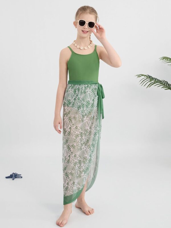 Naiyafly Girls One Piece Swimsuit with Cover Up Wrap Skirt Set Tropical Sequin Girls Swimsuit Cool Printed Bathing Suit Girls Beach Swimwear 9-14 Years - Image 2