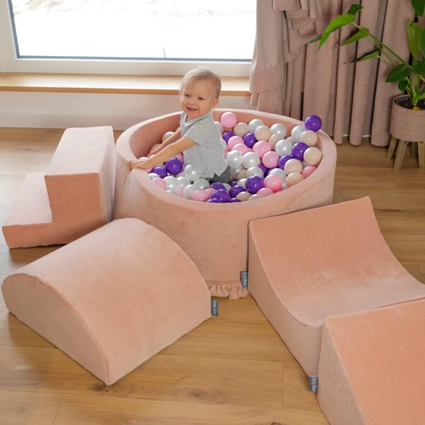 KiddyMoon Foam Playground Velvet For Kids With Round Ballpit (200 Balls ∅ 7Cm/2.75In) Soft Obstacles Course And Ball Pool, Made In EU, Desert Pink:Dark Turquoise/Pastel Beige/Greygreen/Salmon Pink - Image 5