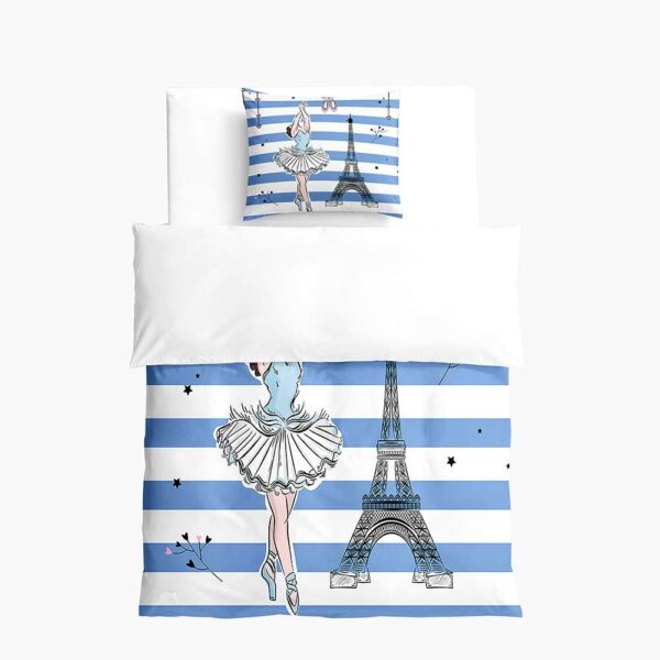 FANSU Girls Pink Duvet Cover Bedding Set 2 Piece, 3D Ballet Girl Pattern Kids Children Cartoons Quilt Cover & Pillow Set for Nursery Toddler Cot Single Size Bed (Eiffel tower,120x150cm+40x60cm) - Image 2