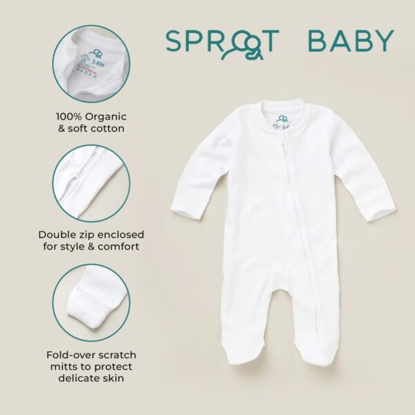 Sproot Baby | Premium Organic Cotton Sleepsuits | 3 Pack, 3-6 Months | Unisex Baby Nightwear with 2-Way Zip & Mittens | Soft Baby & Toddler Pajamas for Easy Changing in White - Image 3