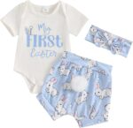 M9ppzzur7 My First Easter Outfit Baby Girls Letter Print Romper and Rabbit Tail Shorts + Headband Set Clothes