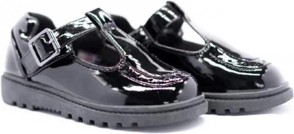 Girls Kids Flat Black Back to School Loafers Dolly T-BAR Strap Buckle Shoes - Image 2