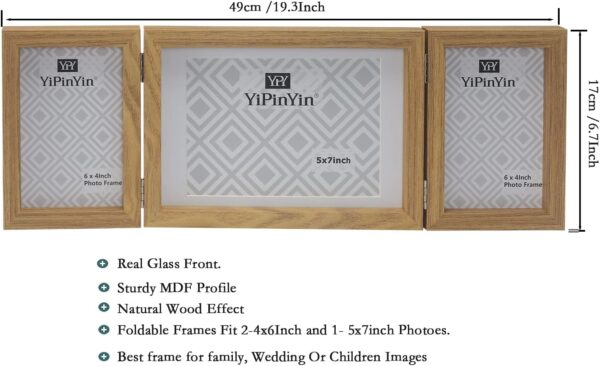 Triple Multi Photo Frame 2-6x4 and 7x5'', Hinged Foldable Picture Frames for Multiple Pictures 2-4x6 and 5x7'', Natural Wood effect College Picture Frame for Desktop Family Photo Farme. - Image 3