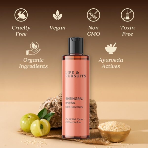 Life & Pursuits Bhringraj Hair Growth Oil 100 ml, Natural Ayurveda Scalp Therapy For Men & Women| Rosemary, Amla, Hibiscus, Tea Tree & Coconut| Reduces Itchiness & Dryness| Nourishes Damaged Hair - Image 6