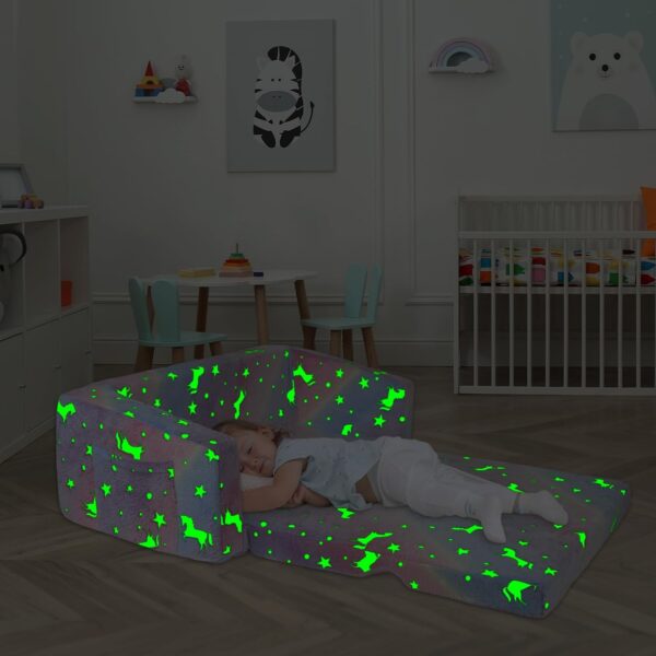 Decalsweet Unicorn Foldable Kids Sofa,Double Seat 2 in 1 Flip Open Kids Sofa Bed with Pocket,Glow In The Dark Children's Sofa for Bedroom Playroom - Image 5