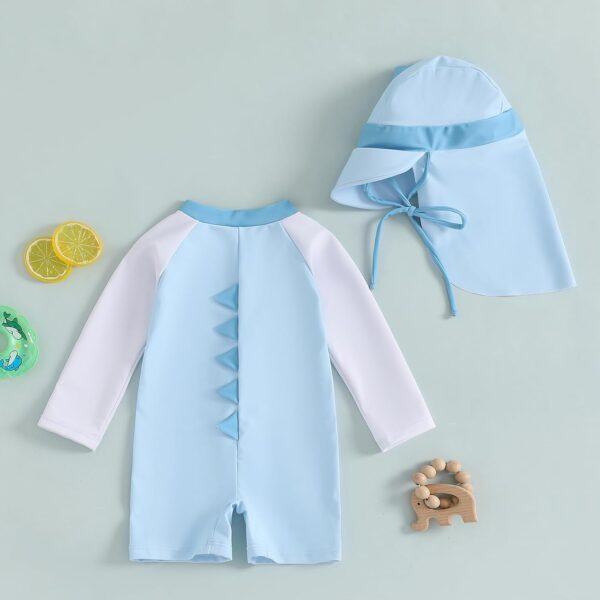 Geagodelia Baby Boy Swimming Costume Infant Boys One Piece Swimsuit Long Sleeve Contrast Color Dinosaur Bathing Suit Summer Rash Guard Sun Hat - Image 4