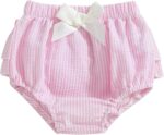 Acrawnni Newborn Baby Girl Ruffle Diaper Cover Striped Plaid Print Elastic Waist Linen Bloomers Infant Detail Bow Frilly Triangle Shorts