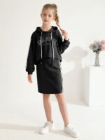 ESHOO Girls 2 Piece Outfits Kids Hooded Pullover Sweatshirt Tops Cami Dress Clothing Set Teen Girls Bodycon Dress and Hoodie Crop Top Sweatshirt Fall Winter Clothes - Image 5