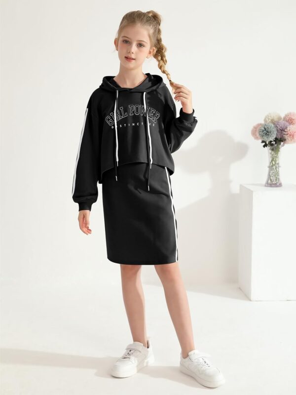 ESHOO Girls 2 Piece Outfits Kids Hooded Pullover Sweatshirt Tops Cami Dress Clothing Set Teen Girls Bodycon Dress and Hoodie Crop Top Sweatshirt Fall Winter Clothes - Image 5