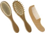 IWOWHERO 3-in-1 Baby Hair Care Wool Brush Wooden Comb Scalp Gentle Hair Brush Comb Set for Newborns