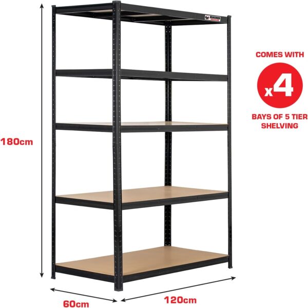 Rhino Racking - 4 Bays - 5 Tier Heavy-Duty Industrial Storage Shelves - Black - 180x120x60cm - Image 2