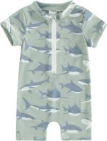 Vioyavo Toddler Boys Rash Guard Swimsuit Rompers Zipper Short Sleeve Whale/Dinosaur Print Kids Bathing Suit Baby Swimwear