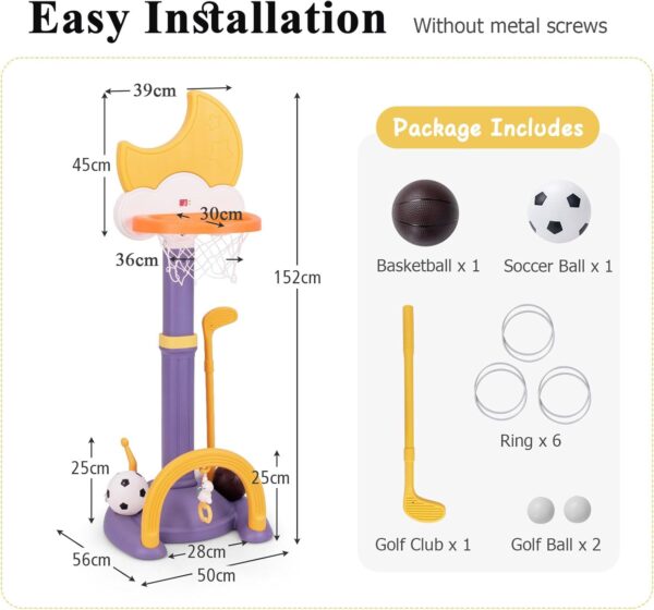 Maxmass 4 in 1 Kids Basketball Hoop Set, 9 Levels Toddler Basketball Stand with Electronic Scoreboard, Soccer Goal, Ring Toss, Golf Set, Kids Sports Activity Center for Boys Girls (Purple+Yellow) - Image 7