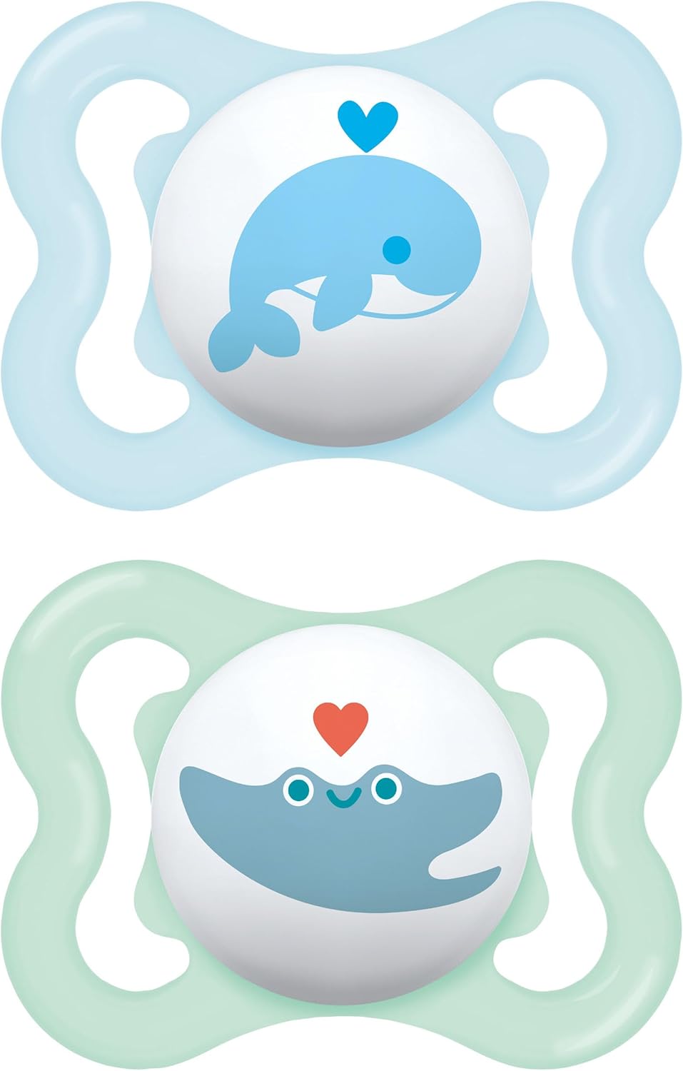 61JimnLTYmL._AC_SL1500_.jpg MAM Air Soothers | 0-6 Months | 2 Pack | Newborn Dummies | Comes in Dummy Steriliser Case | Sustainable Materials | Baby Accessories for Newborn | Blue/White (Various Designs) - Image 1