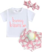 Dubute Easter Baby Girl Summer Outfits Bunny Print Short Sleeves T-Shirt + Bloomer Shorts + Headwear Clothes 3PCS Set