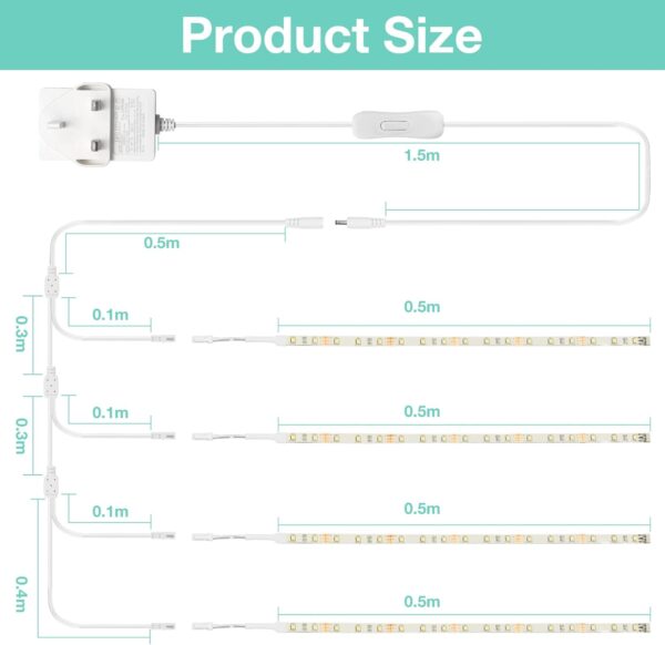 WOBANE LED Shelf Lights,Flexible LED Strip Lights with Switch,Display Lights for Cabinet,Showcase,Bookshelf,Pantry,Shelves,Cupboards,4 * 50cm 12v Strip Bars Set,120 LEDs,1200lm,6000K White - Image 7