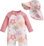 Geagodelia Toddler Baby Girl Swimsuit and Hat Zip Up Long Sleeve All in One Swimming Costume UV Sun Protection Swimwear One Piece Swimming Suit Rash Guard Sunsuit