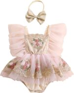Dubute Baby Girls Rompers Dress Lace Trim Butterfly Pattern Embroidered Fly Sleeve Tulle Skirt Hem Bodysuits Clothes with Headband