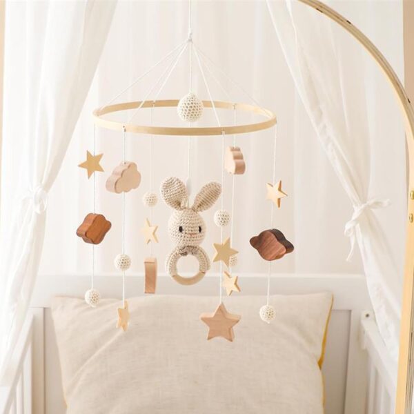 Baby Crib Mobile, Wood Animal Cot Mobile, Baby Cot Mobile, Handmade Wood Crochet Mobile, Newborn Boy Girl Bed Bell Hanging Deco Nursery Mobiles for Babies (Khaki) - Image 3