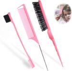 3 Pcs Slick Back Hair Brush Set with Edge Brush, Rat Tail Comb, Bristle Brush, Teasing Brush Set for Smoothing Baby Hair & Flyaways (pink)