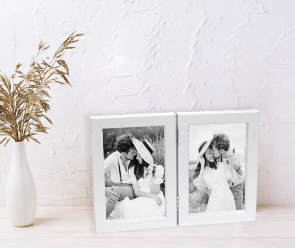 Hinged Double Photo Frame 6x4'' White,Wood Effect 4x6'' Double Picture Frame,White Twins 6x4'' Photo Frame with Glass Holds 2 Standard10x 15cm Photoes, Foldable 6x4 frames mother Day gift - Image 5
