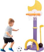 Maxmass 4 in 1 Kids Basketball Hoop Set, 9 Levels Toddler Basketball Stand with Electronic Scoreboard, Soccer Goal, Ring Toss, Golf Set, Kids Sports Activity Center for Boys Girls (Purple+Yellow)