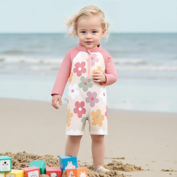 Geagodelia Toddler Baby Girl Swimsuit and Hat Zip Up Long Sleeve All in One Swimming Costume UV Sun Protection Swimwear One Piece Swimming Suit Rash Guard Sunsuit - Image 2