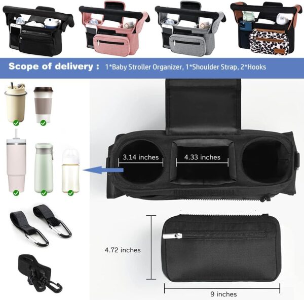 Tyuodna Baby Pram Bag Stroller,Universal Stroller Bag with 2 Insulated Cup Holder,Large Capacity Baby Bag Organiser,Buggy Organiser Bag with Shoulder Strap&Non-Slip Secure Hooks (Leopard Print) - Image 6