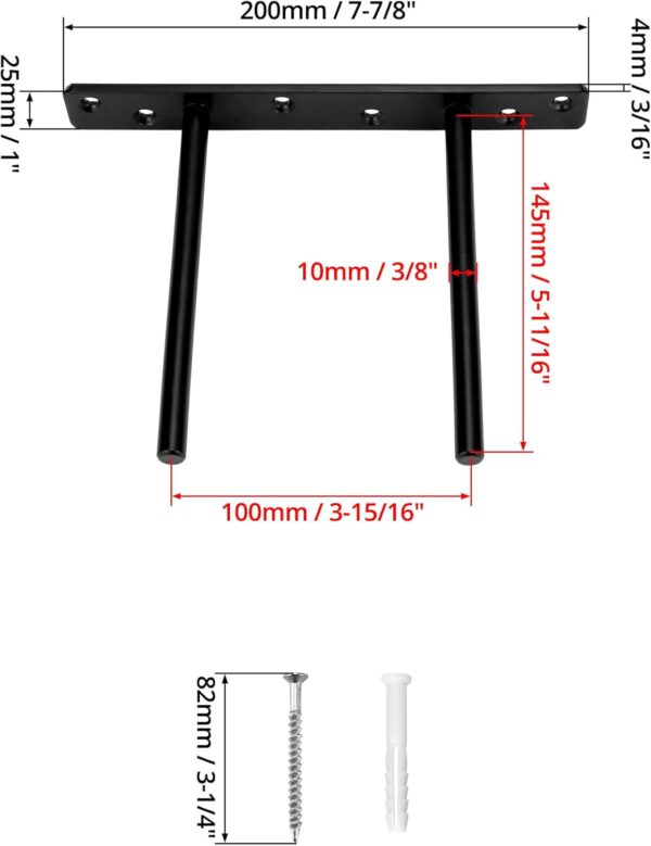 QWORK® 2 Pack Floating Shelf Bracket - 6 Inch 150 mm Double T Design- Heavy Duty Hidden Concealed Wall Shelf Brackets with Mounting Screws - Solid Steel Matt Black - Image 2