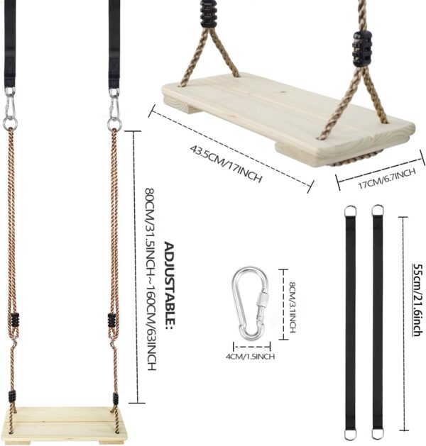 KINSPORY Wooden Swing, Wooden Tree Swing for Kid, Toddler Tree Swing Set, Wooden Swing Seat for Outdoor Porch Patio Garden Playgroud, Comes with Adjustable Nylon Rope and Tree Hanging Straps Kit - Image 2