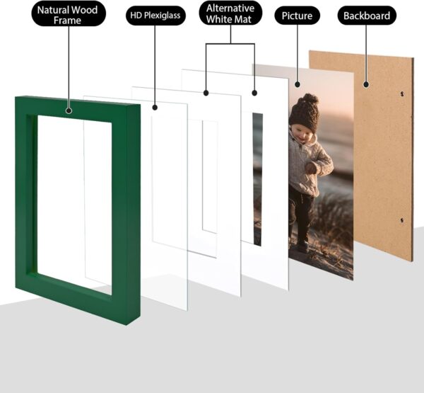 KINLINK 7x5 Picture Frames Green, Wood Frames with Acrylic Plexiglass for Pictures 6x4 with Mat or 7x5 without Mat, Tabletop and Wall Mounting Display, Set of 4 - Image 3