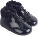 Early Days Baypods Baby Shoes. Bootees Made In the UK, soft sole prewalker lace up boots with fur collars for boys and girls.