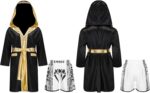 Miaeowve Kids Boys Boxing Outfit Open Front Hooded Grown Cloak Metallic Satin Robe with Belt and Boxer Shorts Set - Image 5
