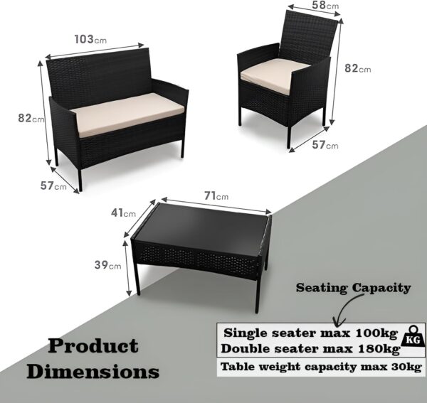 DIVCHI Garden Furniture Set Rattan Patio Conservatory Balcony Indoor Outdoor 4 Seater Piece Glass Top Coffee Table Sofa Loveseat with Cushions (Black) - Image 5