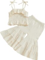 Toddler Girl Summer Clothes Smocked Ruffle Camisole Tank Shirts Wide-Leg Flared Pants Set 2Pcs Bell Bottoms Outfit