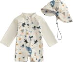 XIXIMAON Toddler Boy One Piece Swimsuit Marine Animal Print Half Zipper Long Sleeve Bathing Suit Kids Rash Guard Newborn Baby Boy Swimwear with Hat