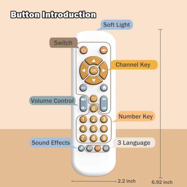 Bambebe Baby TV Remote Control Toy with Music Sound and Soft Light, Toddler Realistic Play TV Remote Toys Early Educational Learning Toy with 3 Language, Musical Baby Sounds Toys 6 12 18 Months - Image 7