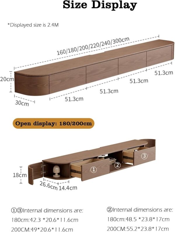 Floating TV Unit，The TV stand cabinet with LED lights, wall-mounted TV console with side cabinets and 2 drawers, entertainment media center, and large storage shelf under the TV(180*20*30cm) - Image 6