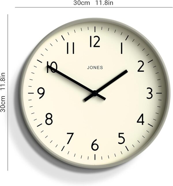 Jones Clocks® Vibrant Round Wall Clock in Acrylic the 'Studio' in Grey, 30 x 30 x 4cm - Image 5