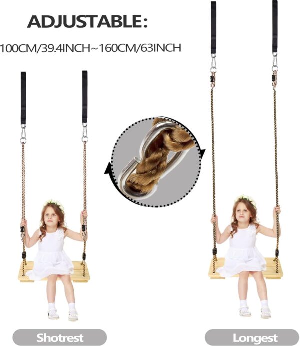 KINSPORY Wooden Swing, Wooden Tree Swing for Kid, Toddler Tree Swing Set, Wooden Swing Seat for Outdoor Porch Patio Garden Playgroud, Comes with Adjustable Nylon Rope and Tree Hanging Straps Kit - Image 4