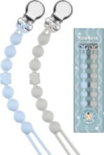 Kowlone Dummy Clips Boys Girls Silicone Soother Pacifier Chain Flexible Binky Holder Set with Texture for Teething Baby Unisex Newborn Dummies 1-Piece Design(Pastel Blue,Glacier Grey)