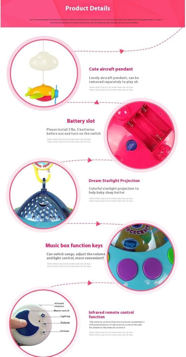 Musical Crib Mobile, Remote Control Baby Mobile, Rotating Light Projector, Soothing Lullabies, Multi-Function Musical Nursery Decoration for Boys and Girls, 50x48 cm, 1200kg - Image 7