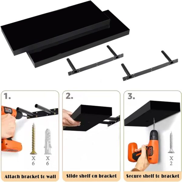 Shelfinity Set of 3 Black Floating Shelves for Wall | 80cm High Gloss Modern Wall Shelves | for Bedroom Living Room Bathroom Kitchen Office | Floating Shelf Unit Ideal for Display & Storage - Image 5