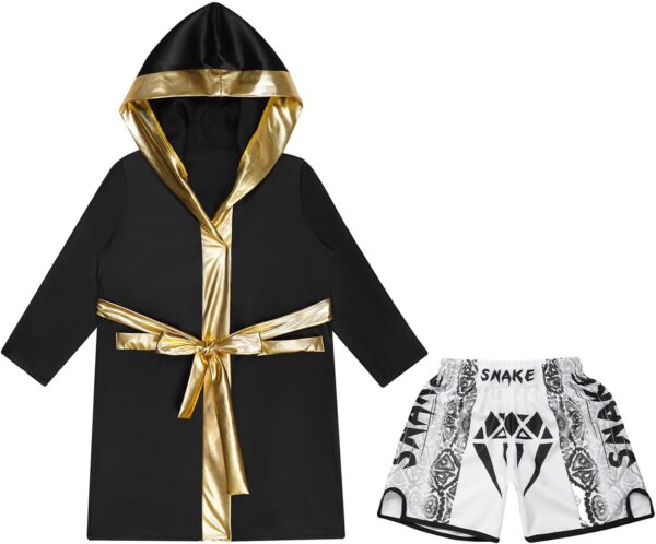Miaeowve Kids Boys Boxing Outfit Open Front Hooded Grown Cloak Metallic Satin Robe with Belt and Boxer Shorts Set - Image 3