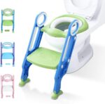 KATARUS Potty Training Toilet Seat with Step Stool Ladder for kids and baby Adjustable Toddler Toilet Training Seat with Soft Not-Cold Padded Seat Safe Handles and Non-Slip Wide Steps, Blue-Green