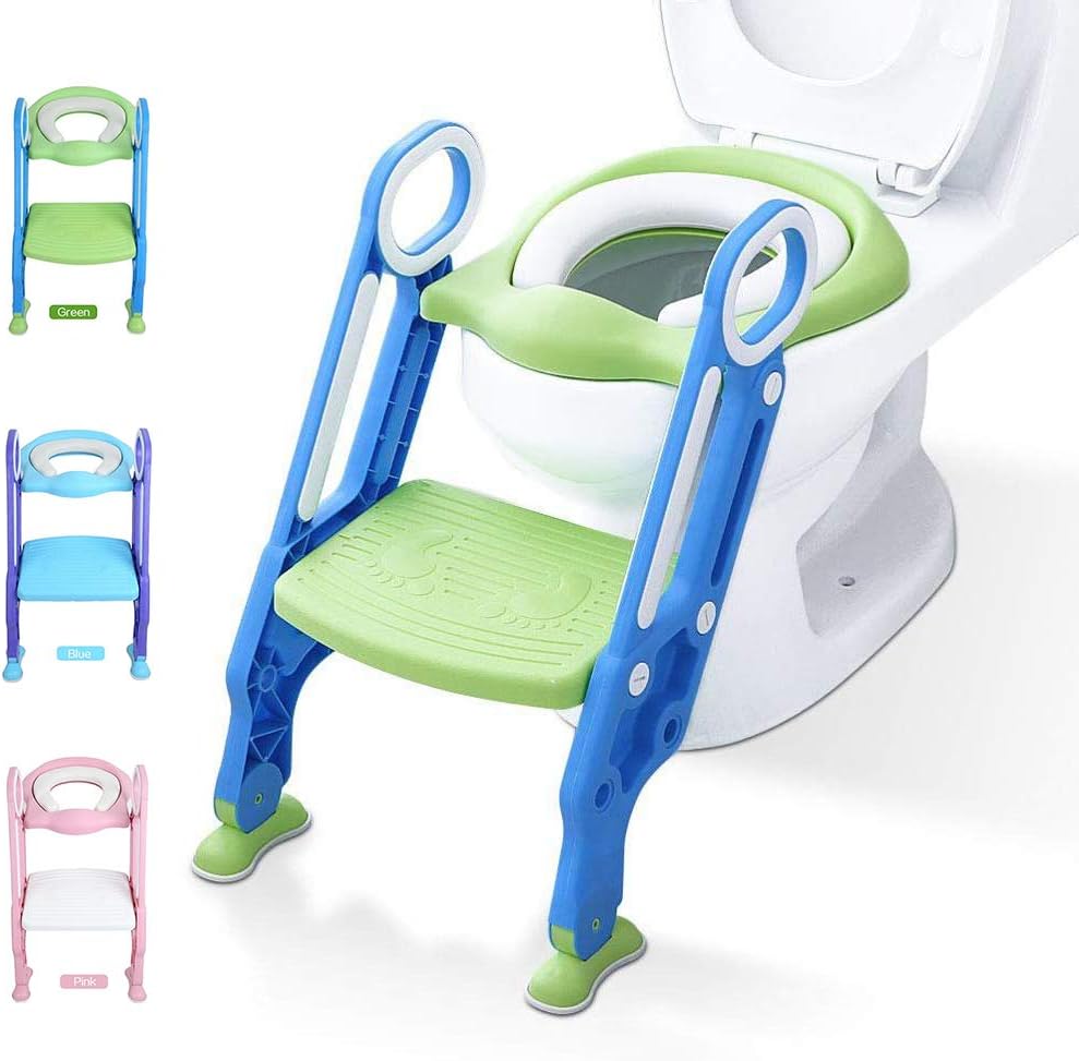 61aqvka6npL._AC_SL1000_.jpg KATARUS Potty Training Toilet Seat with Step Stool Ladder for kids and baby Adjustable Toddler Toilet Training Seat with Soft Not-Cold Padded Seat Safe Handles and Non-Slip Wide Steps, Blue-Green - Image 1