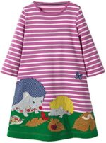Dotbuy Baby Little Girl Striped Dresses, Long Sleeve Casual Cotton Cartoon Applique Strip Print Shirt Party Special Occasion Dress