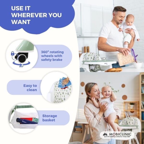 Mobiclinic®, High Chair, 2 in 1, Adjustable Height, Baby Highchair, Double Tray, Baby and Toddler Chair, 5-Point Safety Harness, Removable Wheels, Up to 35 kg, Forest, Storage Basket, 360º Wheels - Image 5