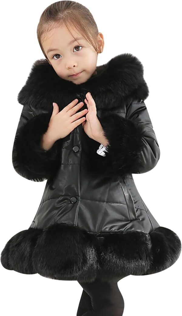 Girls Faux Leather Jacket with Fur Trim Toddler Thick Fleece Lining Warm Winter Coat Long Sleeve Button Dress Coat Winter Windproof Thicken Coat - Image 2
