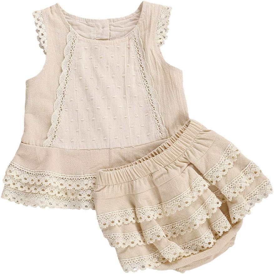 61dojANuxL._AC_SL1200_.jpg MoccyBabeLee 2Pcs Baby Girl Clothes Sleeveless Vest Top and Ruffle Bloomers Shorts Set Toddler Lace Trim Summer Outfits - Image 1